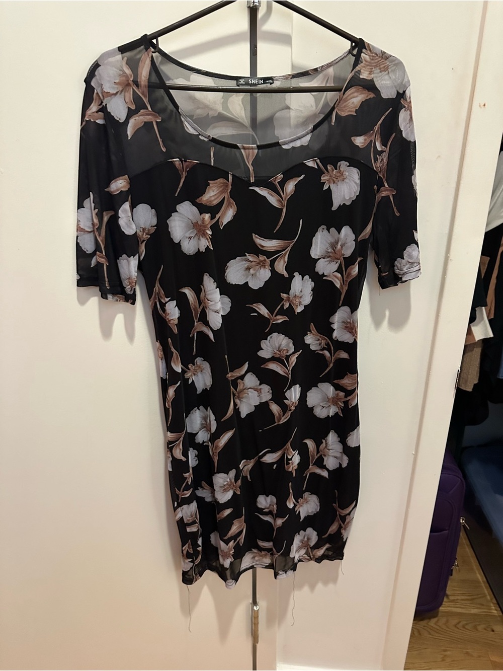 SHEIN Black Floral Midi Dress with White & Tan Blooms